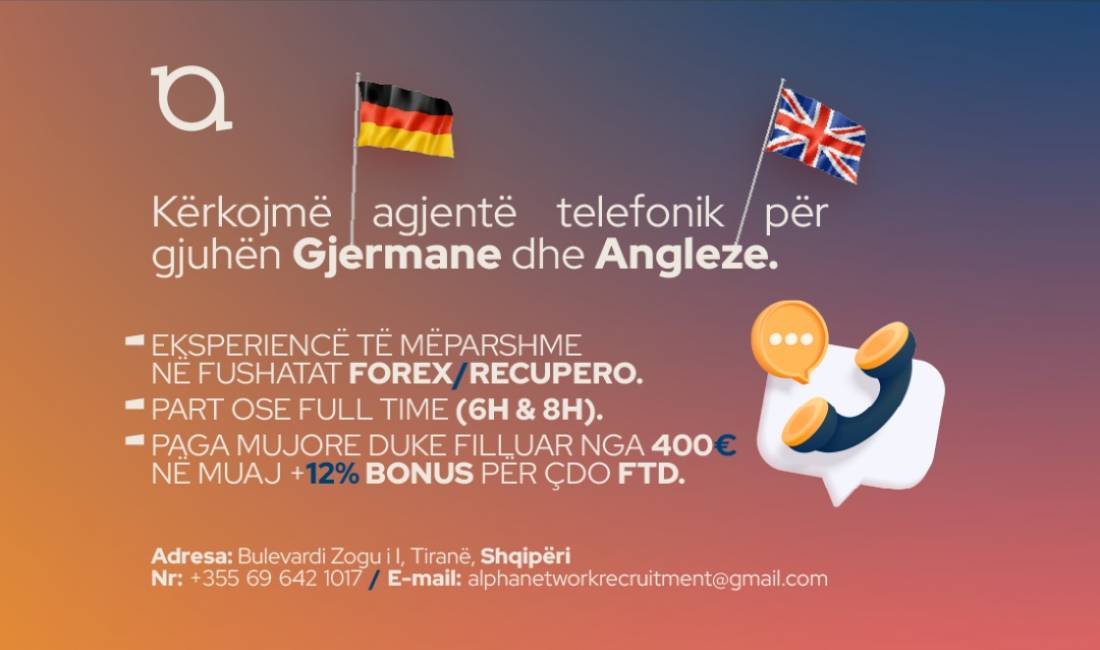 Njoftime Pune ne Tirane, Profesioni agjente , Me eksperience, Pagesa 400  Euro.