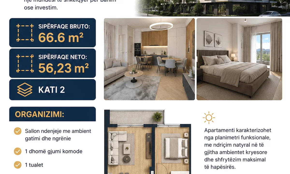 Shtepi ne shitje Apartament ne Tirane, 1+1, Mobilimi Bosh, pa mobiluar, Pagesa 73,260  Euro.