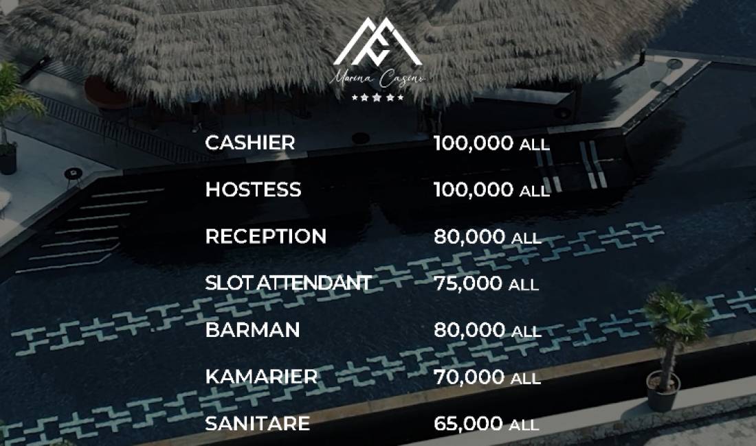 Offerte di lavoro a Valona, Profession Hostess - Slot Attendant - Cashier - Recepsion - Barman - Kamarier/e - Sanitar/e , Principiante/Poca esperienza, Pagamento 100,000  Leke.