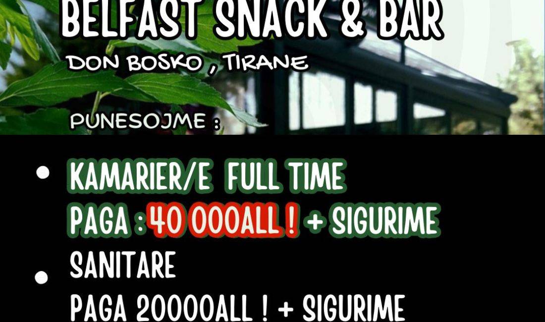 Job Offers in Tirana, Profession Kamarier/e dhe Sanitare , Beginner/Little experience, Payment 40,000  Leke.