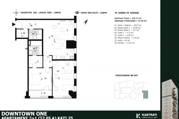 Shtepi ne shitje Apartament ne Tirane, 2+1, Mobilimi Bosh, pa mobiluar, Pagesa 614,460  Euro.