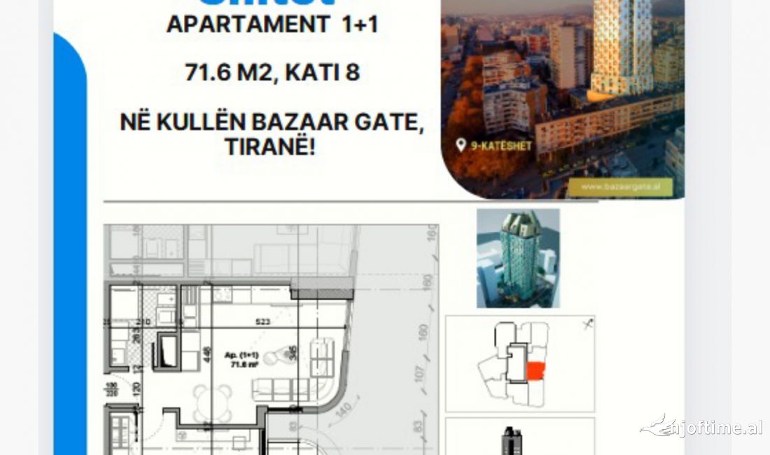 Shtepi ne shitje Apartament ne Tirane, 1+1, Mobilimi Bosh, pa mobiluar, Pagesa 237,000  Euro.