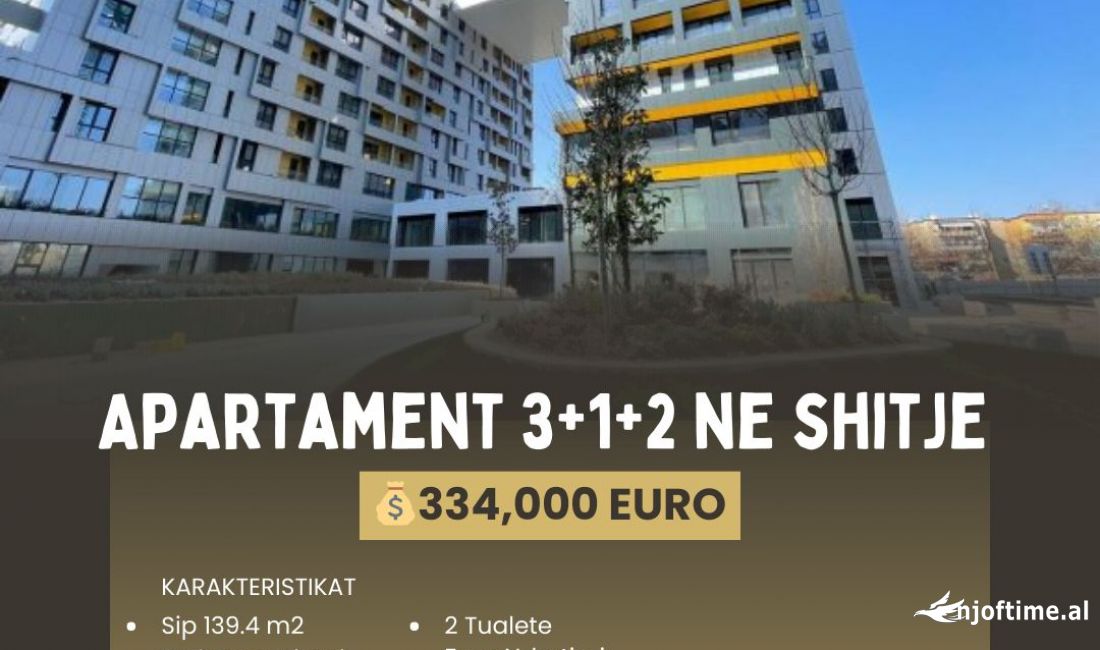 Shtepi ne shitje Apartament ne Tirane, 3+1, Mobilimi Bosh, pa mobiluar, Pagesa 334,000  Euro.