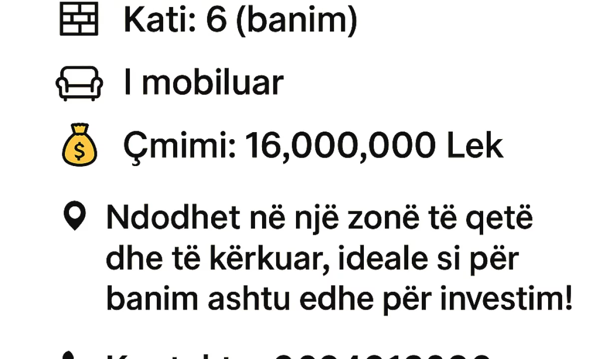 Shtepi ne shitje Apartament ne Tirane, 2+1, Mobilimi E mobiluar, Pagesa 16,000,000  Leke.