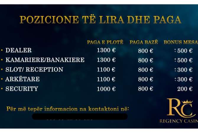 Job Offers in Tirana, Profession Dealer,Recepsioniste ,Security,Arketare , No Experience, Payment 1,300  Euro.
