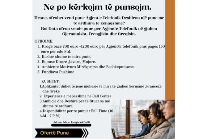 Job Offers for Call Center Agent in Tirana