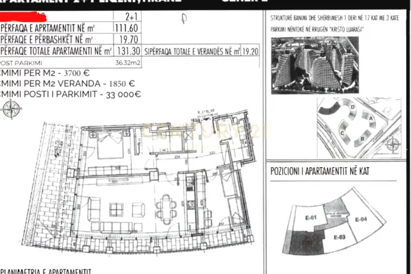 Shtepi ne shitje Apartament ne Tirane, 2+1, Mobilimi Bosh, pa mobiluar, Pagesa 554,300  Euro.