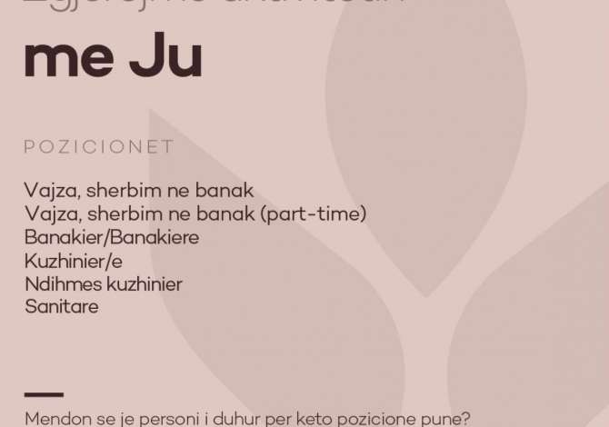 Njoftime Pune per Vajza sherbim ne banak, vajza sherbim ne banak(part time),banakier/e,kuzhinier/e,ndihmes kuzhinier,sanitare ne Tirane