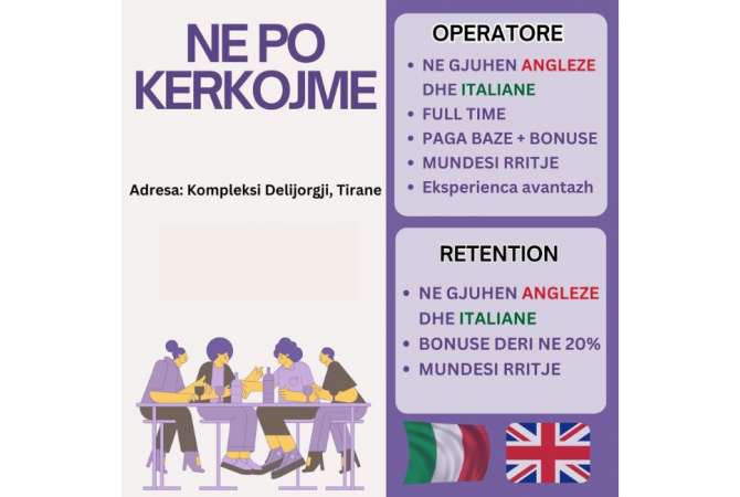 Njoftime Pune per Kerkohet te punesohet Operatore dhe Retention ne Tirane