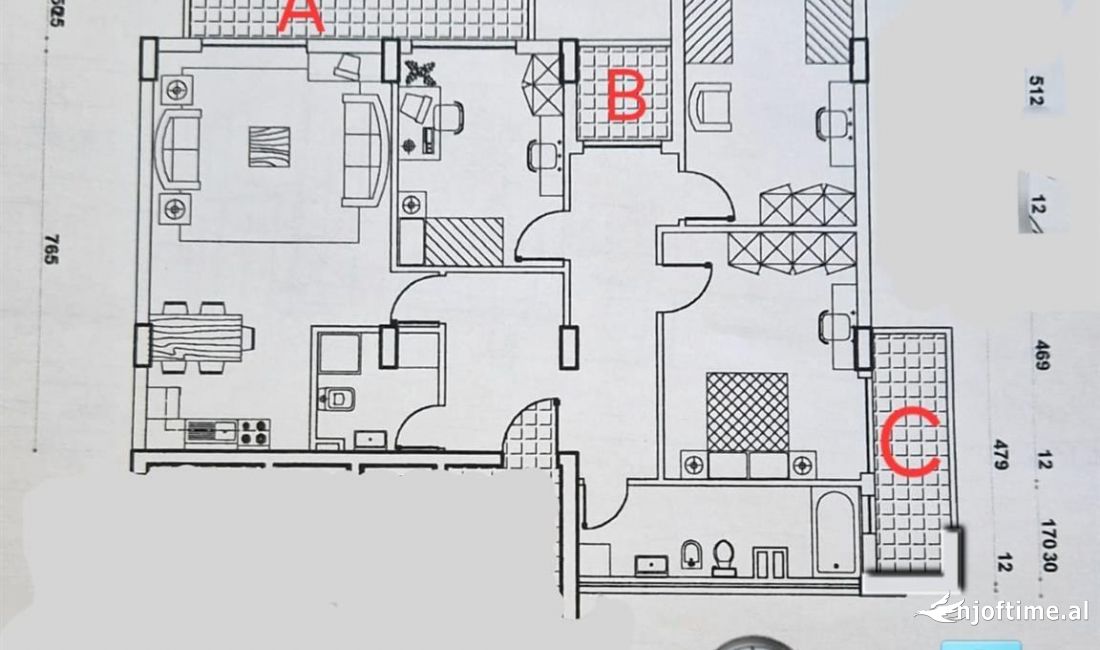 Jepet me qera apartamenti 157m2 total, 3 dhoma, 1 soggiorno, 2 banjo, 3 ballkone ( BLLOK )