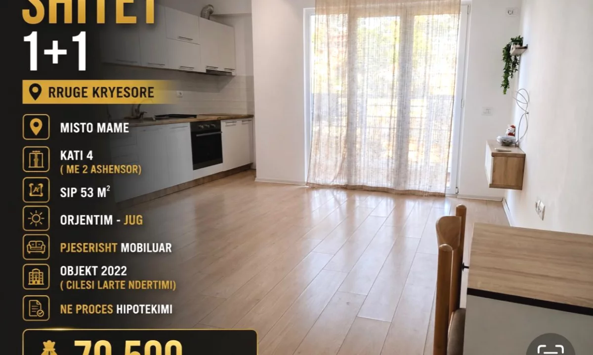 Shtepi ne shitje Apartament ne Tirane, 1+1, Mobilimi Pjeserisht e mobiluar, Pagesa 79,000  Euro.