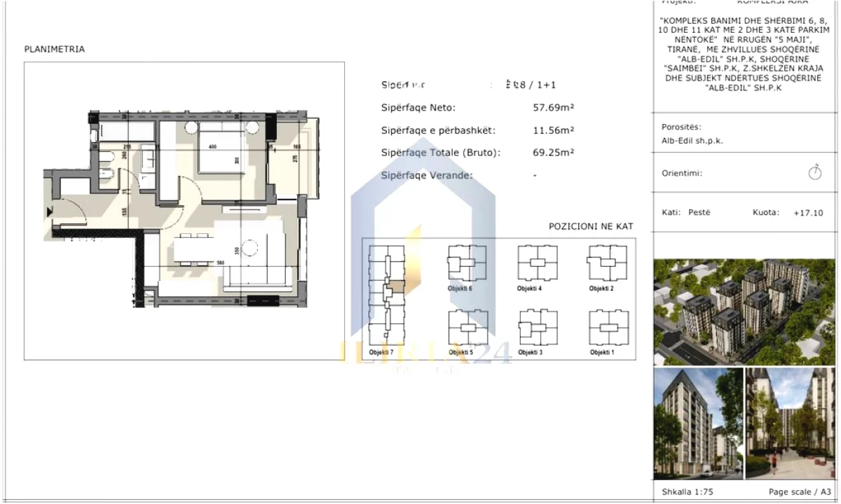Shtepi ne shitje Apartament ne Tirane, 1+1, Mobilimi Bosh, pa mobiluar, Pagesa 103,875  Euro.