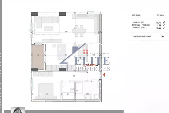Shtepi ne shitje Apartament ne Tirane, 2+1, Mobilimi Bosh, pa mobiluar, Pagesa 101,550  Euro.