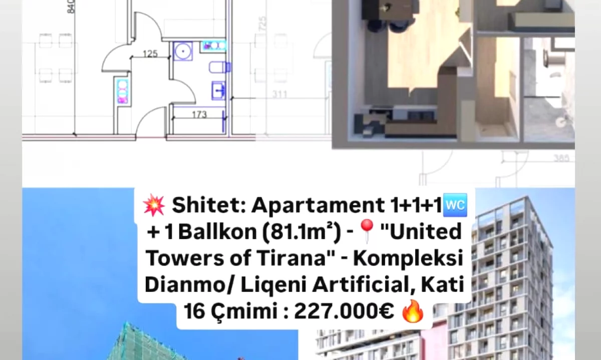 Shtepi ne shitje Apartament ne Tirane, 1+1, Mobilimi Bosh, pa mobiluar, Pagesa 227,000  Euro.
