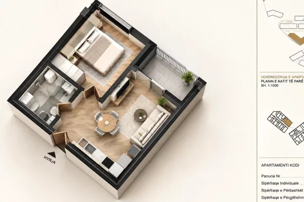 Shtepi ne shitje Apartament ne Tirane, 1+1, Mobilimi Bosh, pa mobiluar, Pagesa 80,000  Euro.