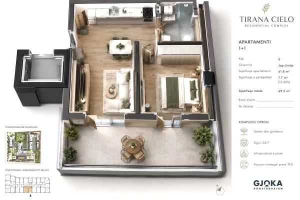 Shtepi ne shitje Apartament ne Tirane, 1+1, Mobilimi Bosh, pa mobiluar, Pagesa 121,000  Euro.