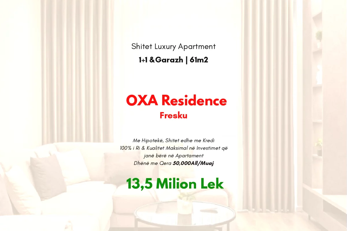 Shtepi ne shitje Apartament ne Tirane, 1+1, Mobilimi E mobiluar, Pagesa 13,500,000  Leke.