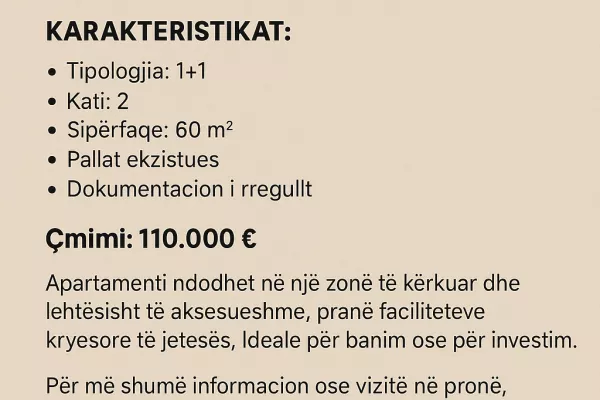 Shtepi ne shitje 1+1 ne Tirane - 109,999 Euro