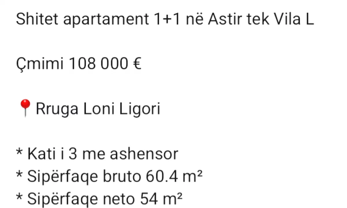 Appartamento in vendita a Tirana 1+1, Vuoto