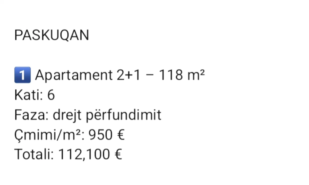 Shtepi ne shitje Apartament ne Tirane, 2+1, Mobilimi Bosh, pa mobiluar, Pagesa 122,100  Euro.