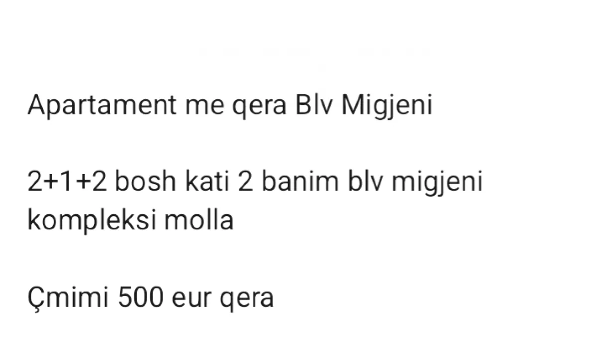 Shtepi me qera Apartament ne Tirane, 2+1, Mobilimi Bosh, pa mobiluar, Pagesa 500  Euro.