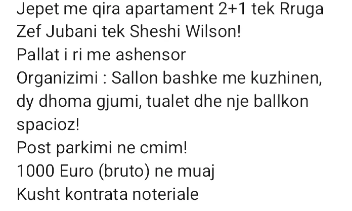 Shtepi me qera Apartament ne Tirane, 2+1, Mobilimi E mobiluar, Pagesa 1,000  Euro.