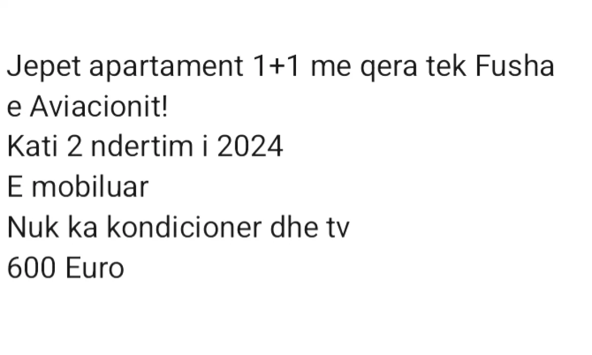 Shtepi me qera Apartament ne Tirane, 1+1, Mobilimi E mobiluar, Pagesa 600  Euro.