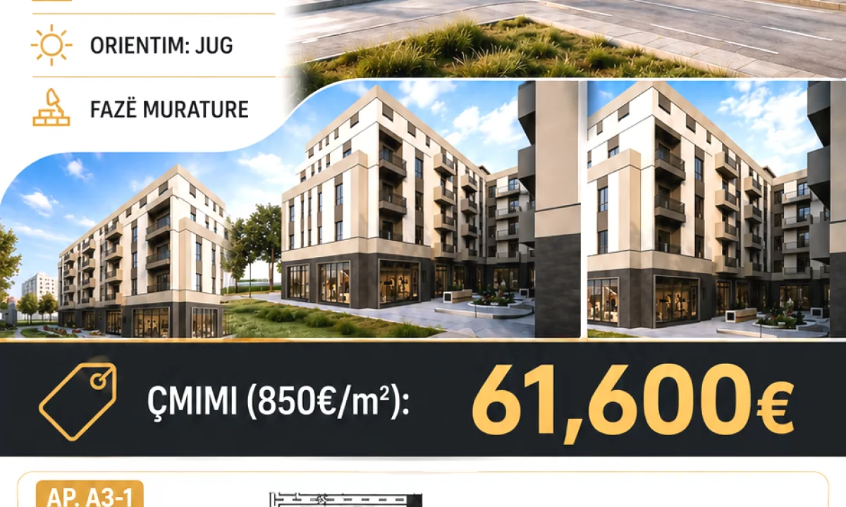 Shtepi ne shitje Apartament ne Tirane, 1+1, Mobilimi Bosh, pa mobiluar, Pagesa 61,600  Euro.