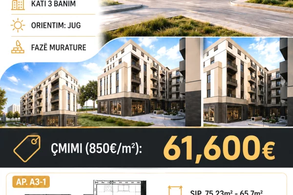 Shitet apartament 1+1 Kati 3, 76 m² 61.650 € (Rruga Azem Galica , KAMEZ)