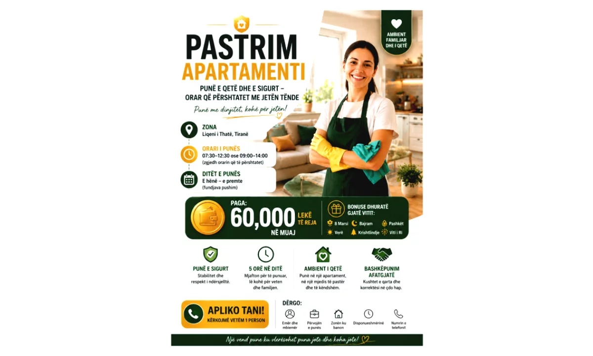 Njoftime Pune ne Tirane, Profesioni Sanitare Apartamenti , Me eksperience, Pagesa 60,000  Leke.