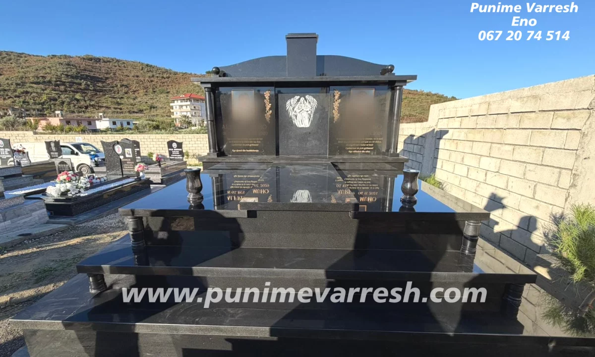  Projektuar Nga Punime Varresh Eno - Varr Granit I ZI Komplet - Montuar Ne Varrezat E Durresit.