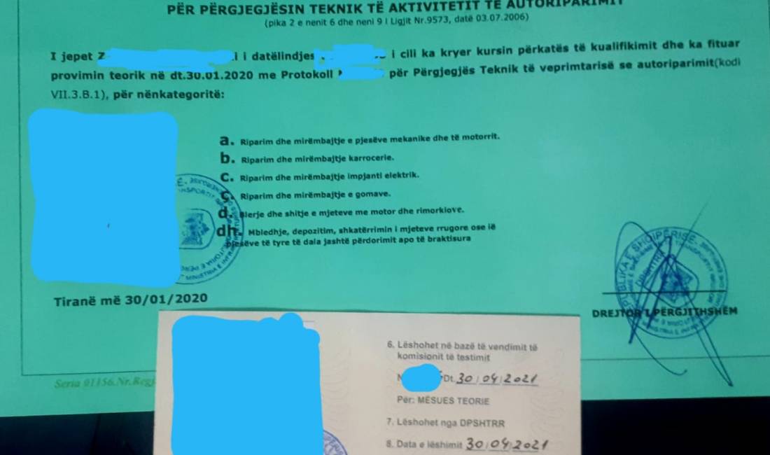 Deshmi aftesie profesionale per autoriparime dhe instruktor teorie ne autoshkolla